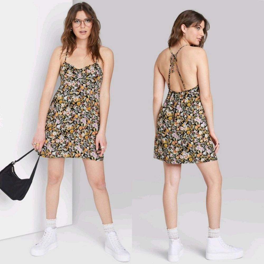 Wild Fable black yellow purple ditsy boho floral mini strappy slip sun dress XS